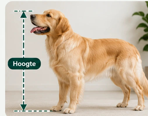 Staande golden retriever, met verticale groene meetlijn van vloer tot hoogste punt